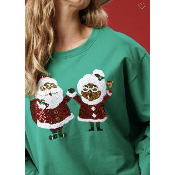 Oversized Dolman Sleeve Sequin Mr. & Mrs. Clause top-large - Picture 1 of 3